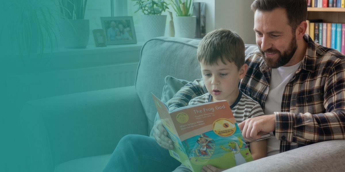 Parent and child reading a decodable reader together at home — supporting phonics learning