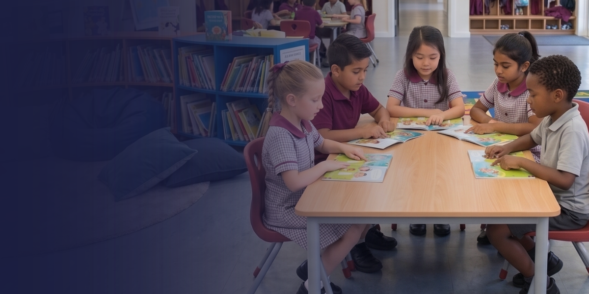Primary school students reading decodable readers together in a classroom